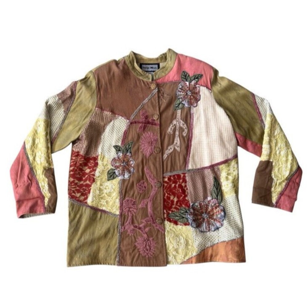 Indigo Moon Floral Patchwork Embroidered Embellished Boho Blazer Jacket Large